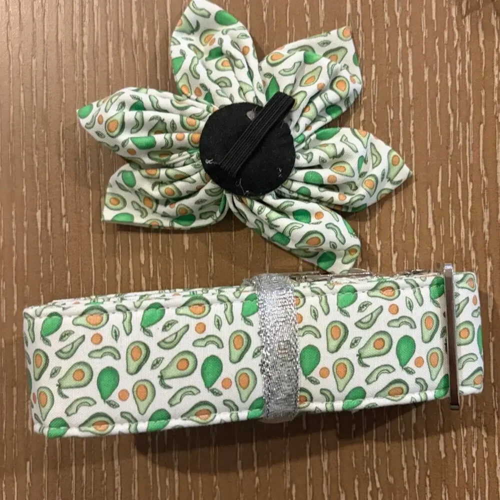 Avocado Print Green White‎ Flower Bow Tie Cat Dog Set XL Cotton New